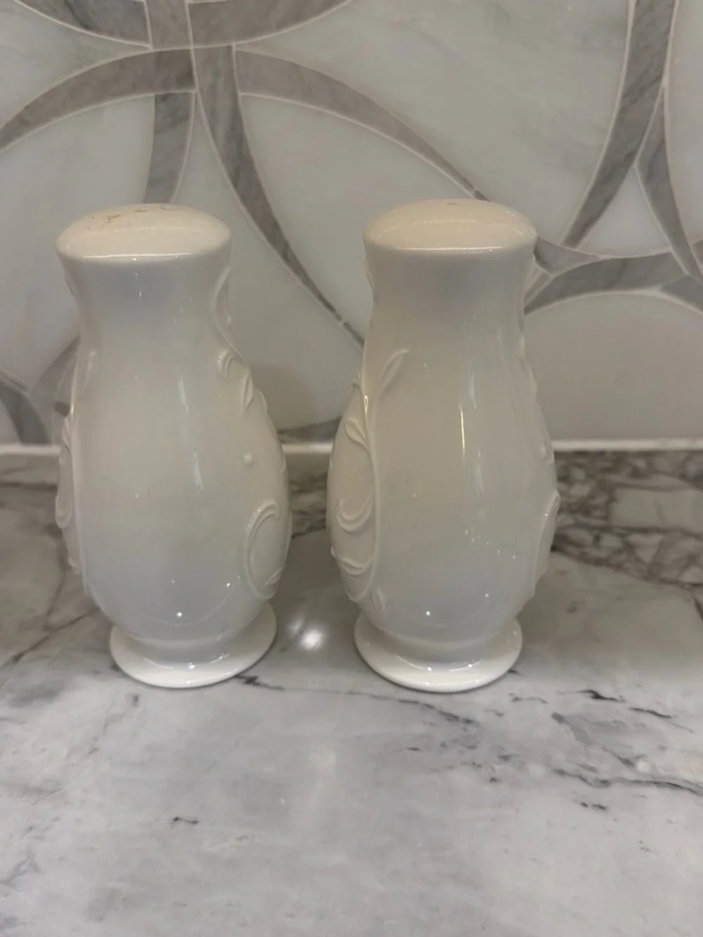 Lenox White Ceramic Decorative Vase Pair with Raised Scroll Detail